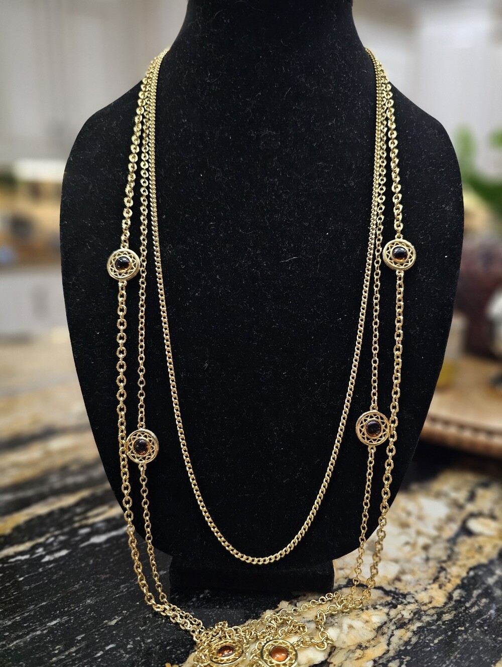Gold Multi-Strand Station Necklace with Amber Accents
